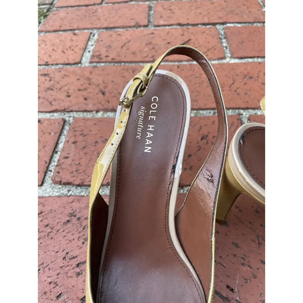 Cole Haan Signature Patent Leather Peep Toe Slingback Heels Tan Women's Size 7B
